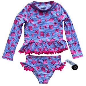 NWT Nicole Miller Rash Guard Swimsuit Set Stripes Floral Pom Poms Pool Beach-6